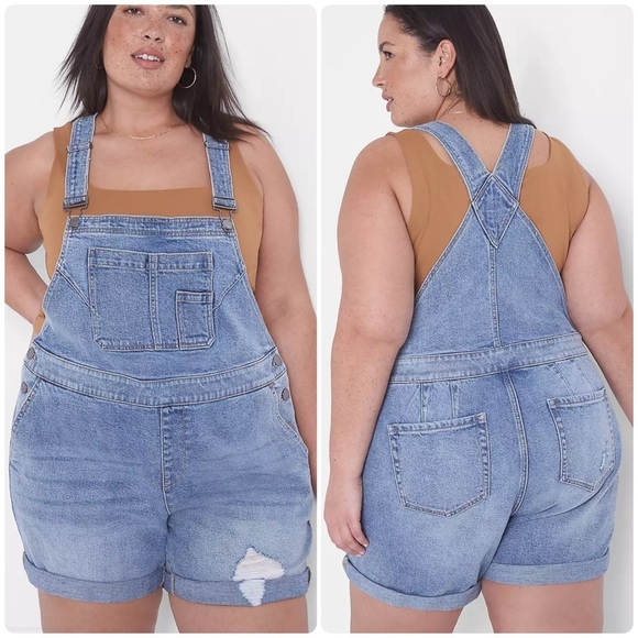 NEW Lane Bryant Boyfriend Short Denim Distressed Overalls Shortalls Sz 18 Casual - Picture 1 of 14